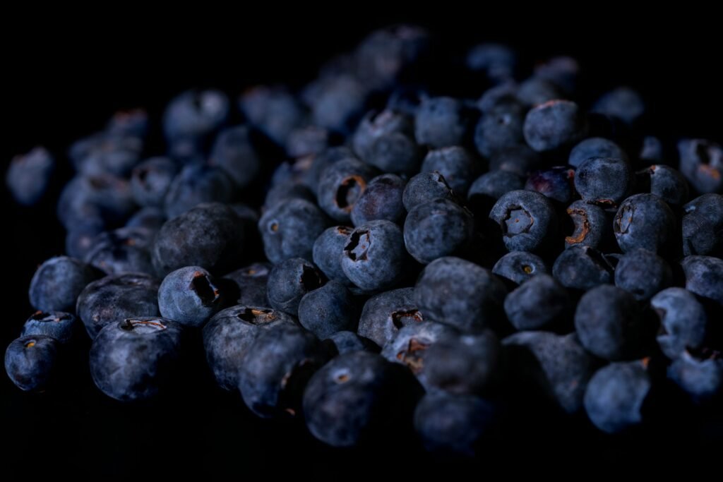 Myrtilles fraîches et riches en antioxydants, ingrédient clé des desserts végétariens équilibrés.